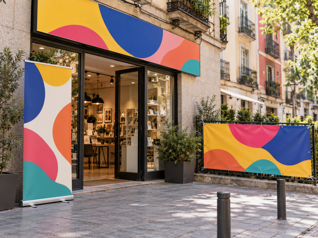 Rótulo exterior, roll-up y lona publicitaria para comercio