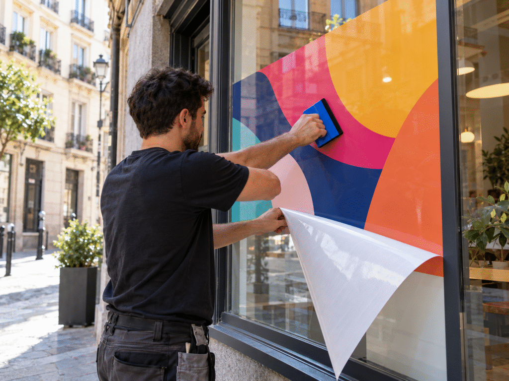 Aplicación de vinilo adhesivo en escaparate comercial
